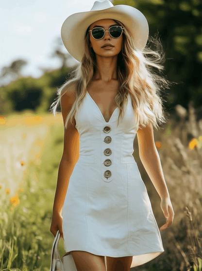 Robe Mini en Denim Blanc à Boutons - Style Rétro Décontracté, Expédition Rapide en 24h