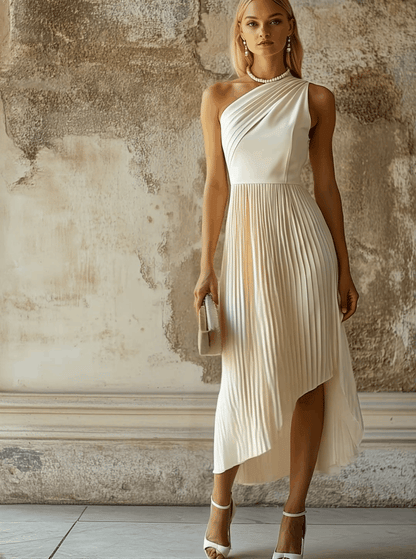 Robe de Soirée Midi Plissée Blanche Élégante - Expédition en 24 Heures