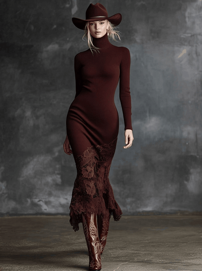 Maxi Robe Tricotée Bordeaux avec Col Montant et Ourlet en Dentelle Élégante
