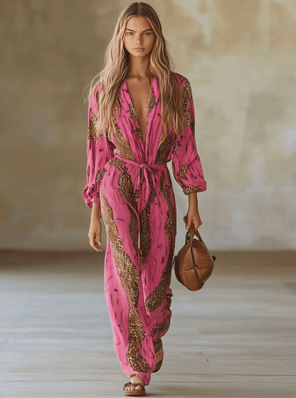 Combinaison Décontractée en Chiffon Léopard Rose et Rouge à Manches Longues