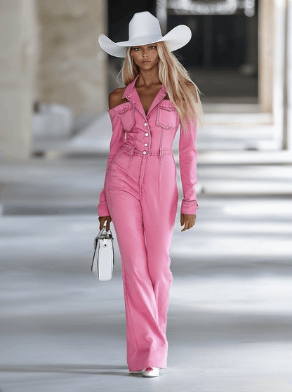 Combinaison en denim rose tendance, personnalisable, avec col décolleté et manches longues évasées