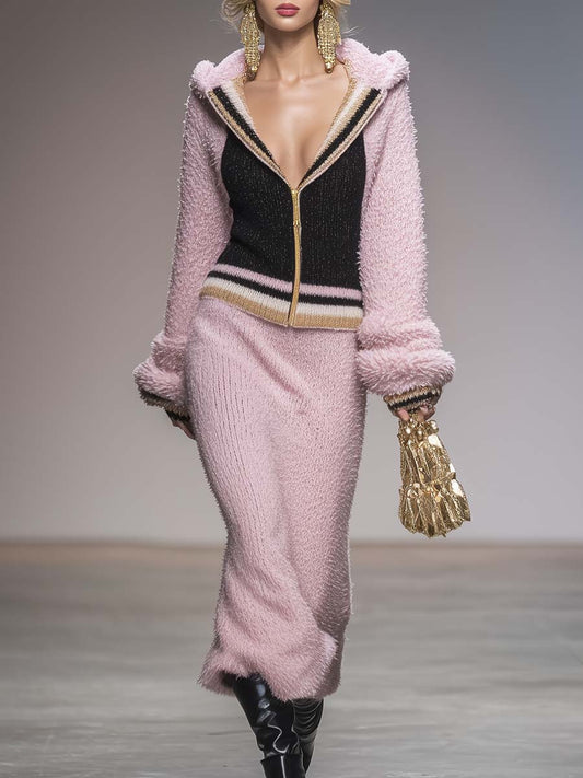 Ensemble Sportif Chic Rétro : Sweat à Capuche Zippé et Jupe