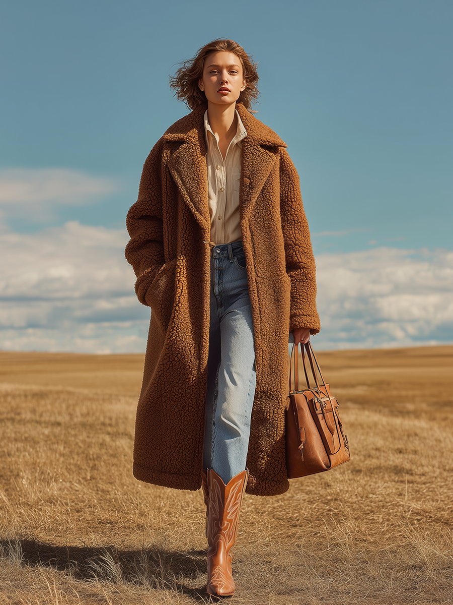 Veste Longue Oversized en Sherpa à Revers - Élégance Rétro Unie