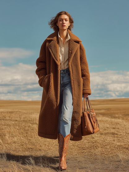 Veste Longue Oversized en Sherpa à Revers - Élégance Rétro Unie