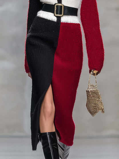 Robe Midi Tricotée à Col V en Blanc, Noir et Rouge avec Fente Élégante