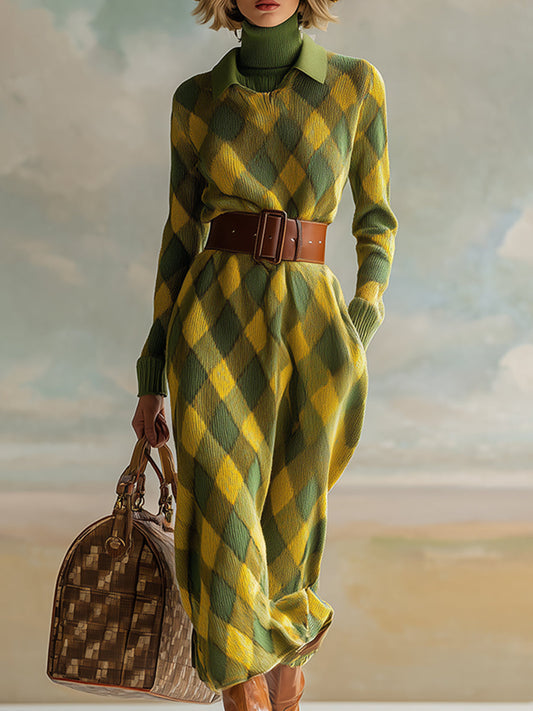 Robe Maxi Tricotée à Motif Carreaux Jaunes et Verts avec Détails Rétro Urbains