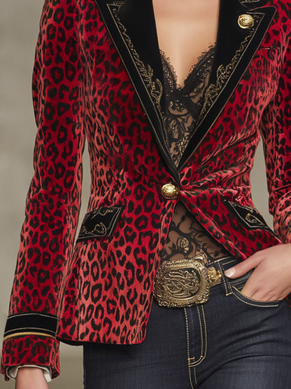 Veste en Velours Léopard Brodée avec Détails Contrastants Élégants