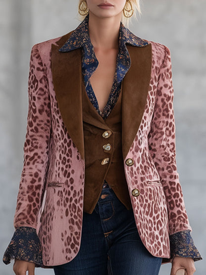 Blazer en Velours Rose à Imprimé Léopard : Élégance Urbaine Rétro avec Détails Marron