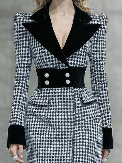 Robe Midi Houndstooth Élégante avec Col en Velours Noir – Un Must-Have Tendance