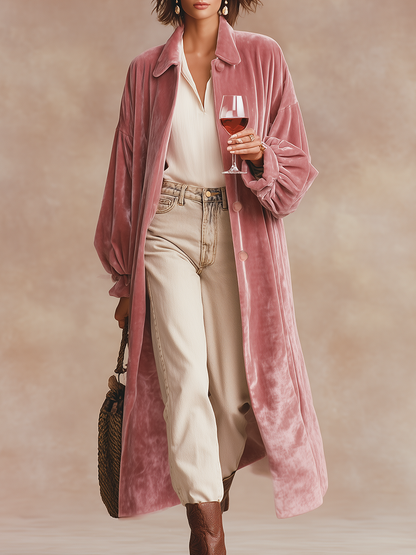 Élégant Manteau Long en Velours avec Revers Chic