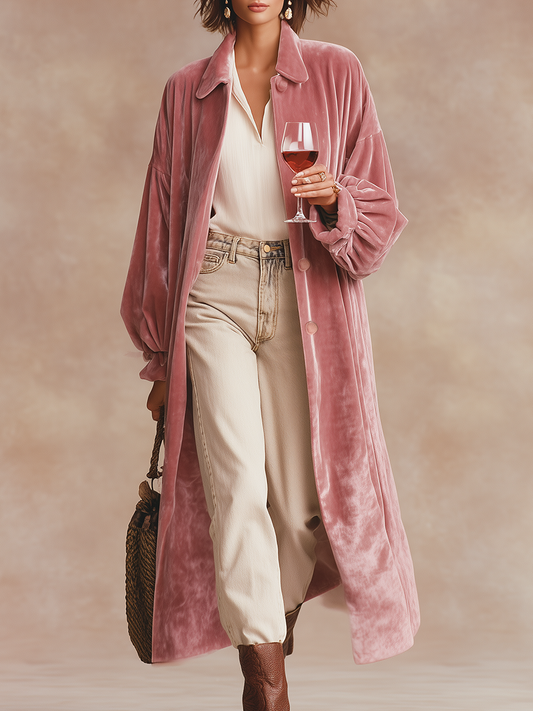 Élégant Manteau Long en Velours avec Revers Chic