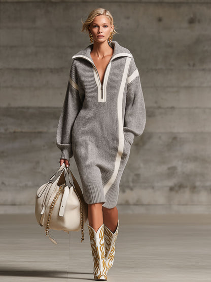 Robe Midi Tricotée avec Poches Doubles et Zip - Col Revers à Contraste Élégant
