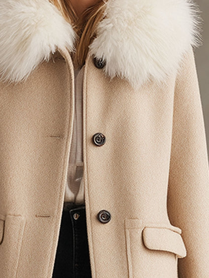 Chic Manteau Beige en Laine avec Col en Fourrure - Élégance et Chaleur Assurées