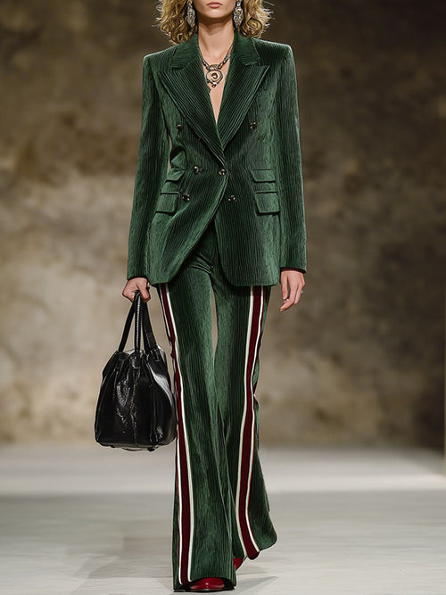 Ensemble Rétro en Velours Côtelé Vert Foncé : Veste Chic et Pantalon Évasé