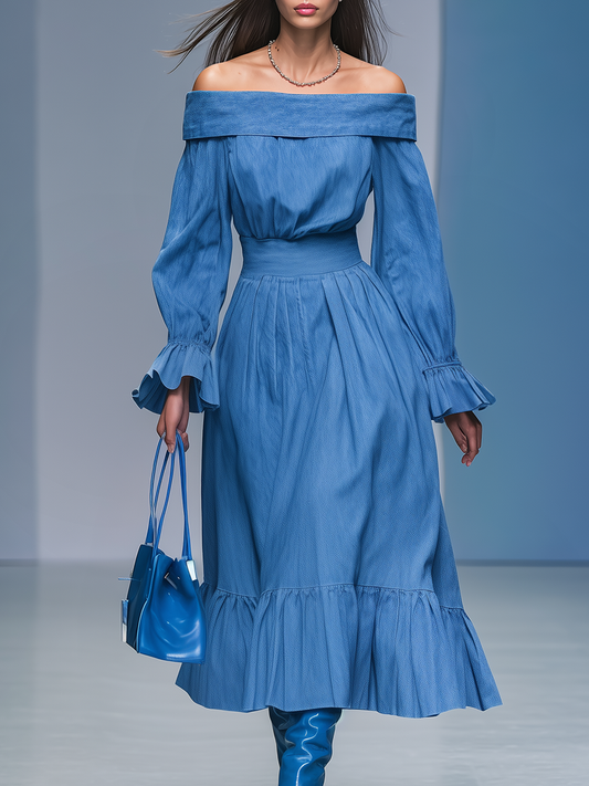 Robe Maxi Rétro en Denim à Manches Longues Dénudées