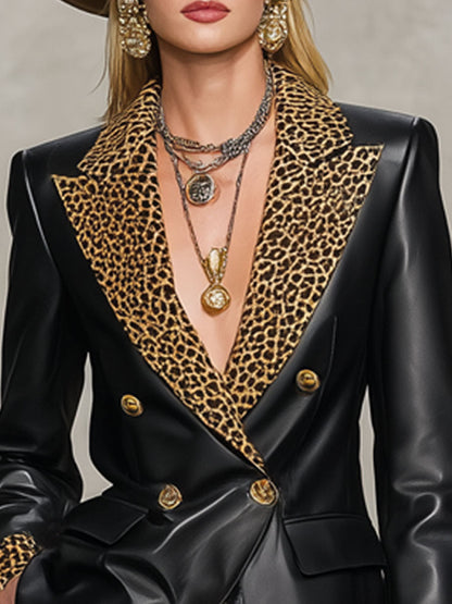 Blazer Casual en Simili Cuir avec Motif Léopard