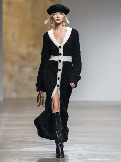 Robe Maxi Noire en Tricot avec Décolleté V et Boutons Frontaux – Détails Contrastants en Blanc