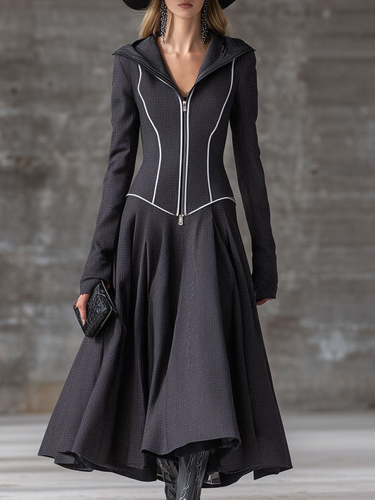 Robe Maxi Grise Rétro à Zip : Élégance Vintage