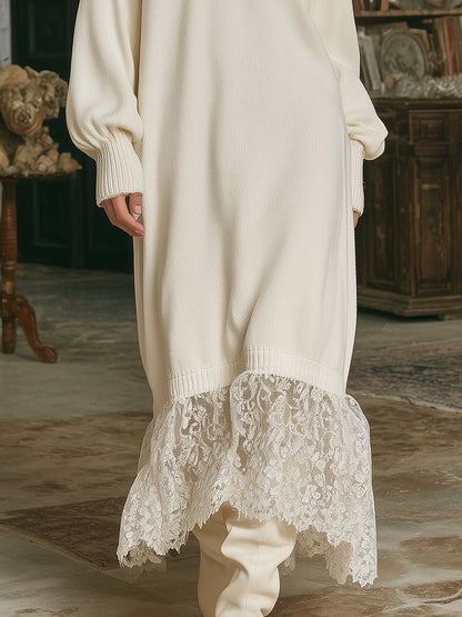 Robe Maxi Tricotée Blanche avec Col en Dentelle de Lotus : Élégance et Romance