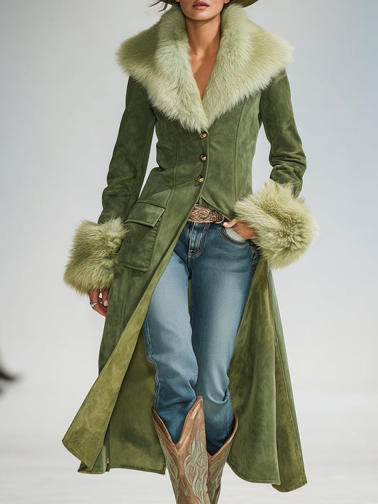 Veste Vintage en Suède Synthétique Verte avec Col en Fausse Fourrure