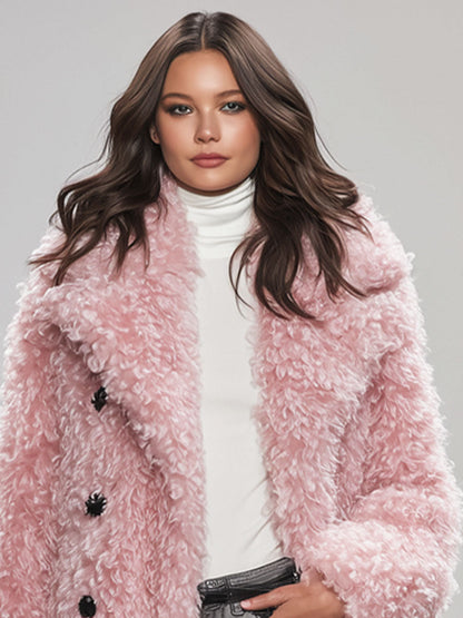 Veste en fausse fourrure bouclée rose avec col à boutons