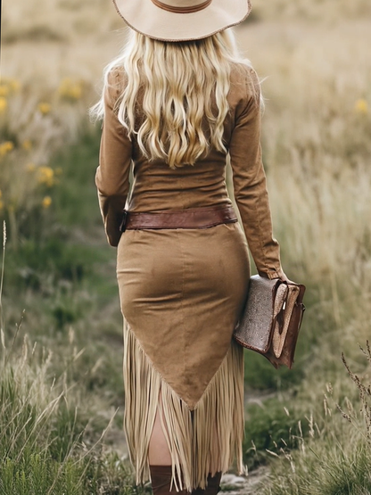 Robe Midi Western Rétro à Zip et Franges avec Col Revers