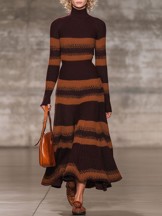 Robe Maxi Rétro à Rayures Caramel et Brun Cacao avec Col Haut