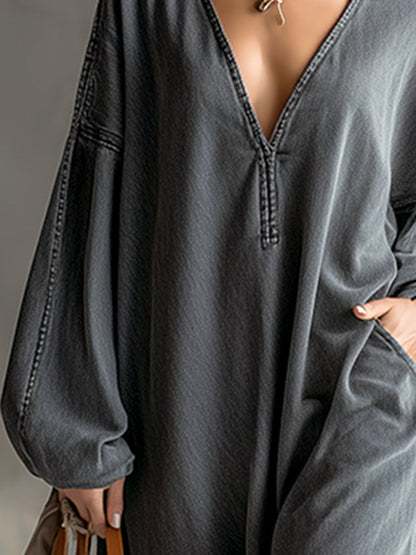 Maxi Robe en Denim Gris Élégante avec Franges Chic