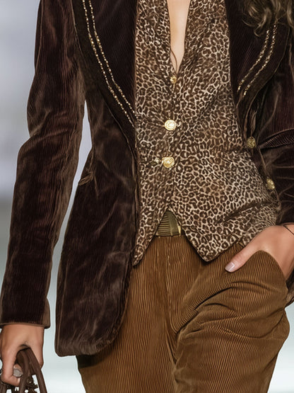 Veste Vintage en Velours Côtelé avec Détails en Ruban Doré et Boutonnage Simple