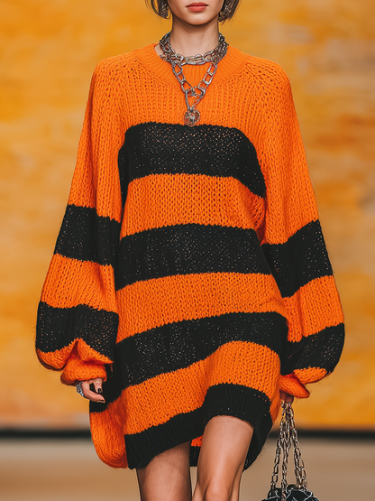 Robe Vintage en Tricot à Col Rond avec Manches Lanternes et Rayures Contrastées