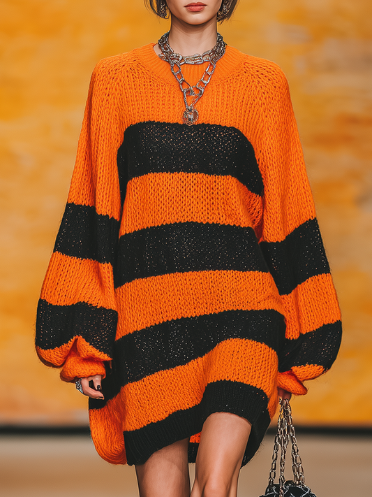 Robe Vintage en Tricot à Col Rond avec Manches Lanternes et Rayures Contrastées