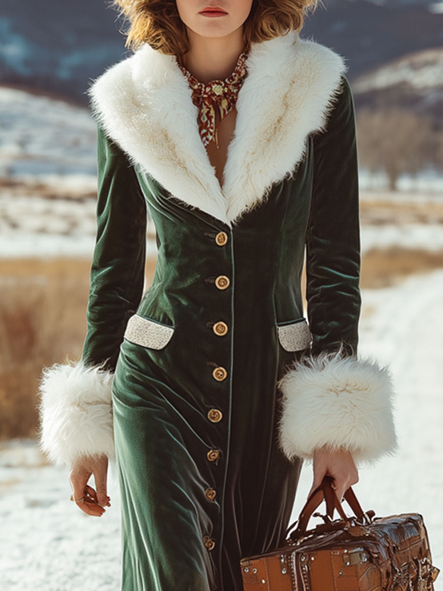 Robe Maxi en Velours Vert Foncé avec Col en Fausse Fourrure Rétro et Volants Élégants
