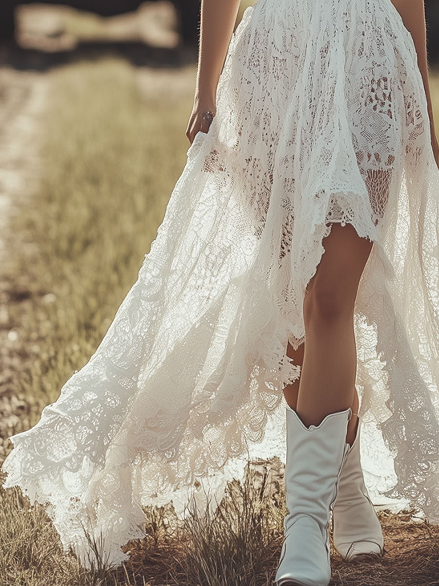 Robe Maxi en Dentelle Blanche Sans Manches - Style Western Rétro avec Jupe Irégulière | Expédition Rapide en 24 Heures