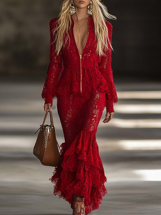 Robe Maxi Rouge en Dentelle avec Manches Longues, Zip, Col V et Détails Volants