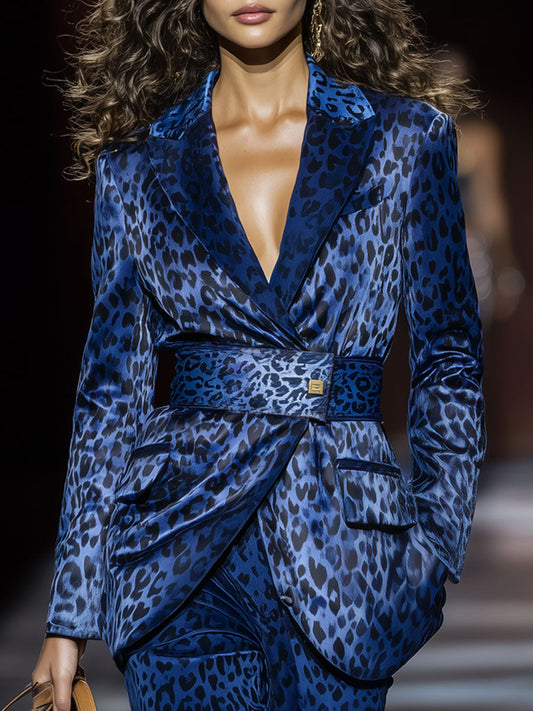Veste Casual en Satin Imprimé Léopard Bleu Royal