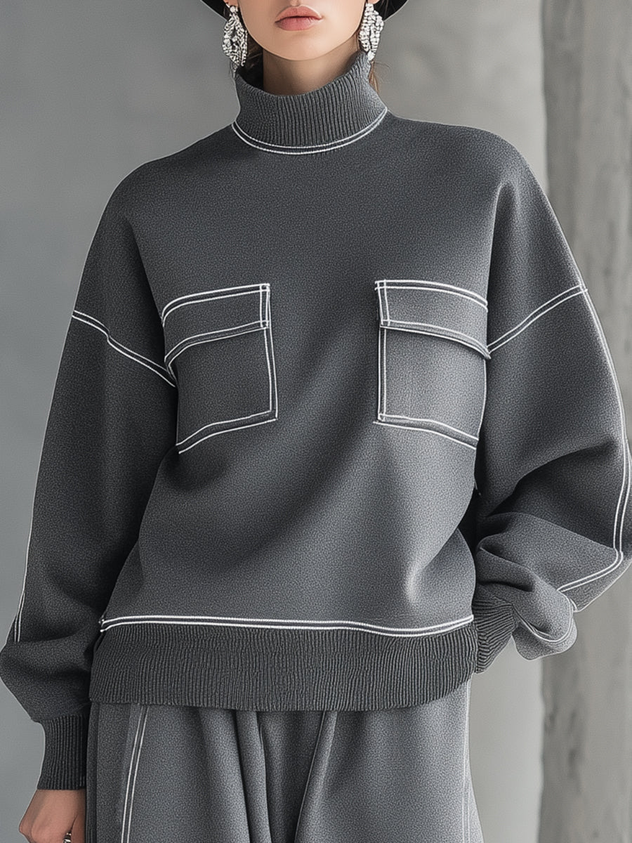 Pull Sportif Haut de Gamme à Col Roulé Gris avec Surpiqûres Blanches