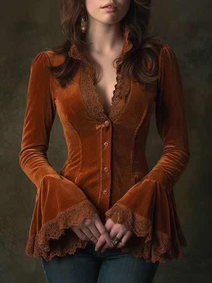 Rétro Chemise Longue en Velours Caramel avec Décolleté en V et Détails en Dentelle