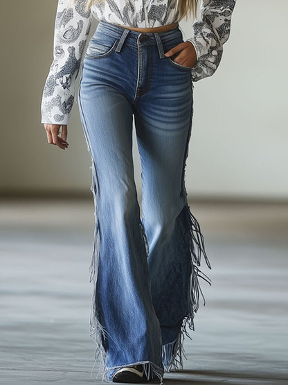 Jean Évasé Vintage Bleu avec Détails à Franges