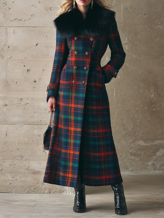 Longue Manteau en Laine à Carreaux avec Col en Fourrure Synthétique : Élégance Rétro et Chic