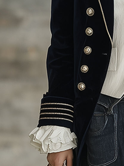 Veste de Costume Rétro en Velours Bleu Foncé à Double Boutonnage