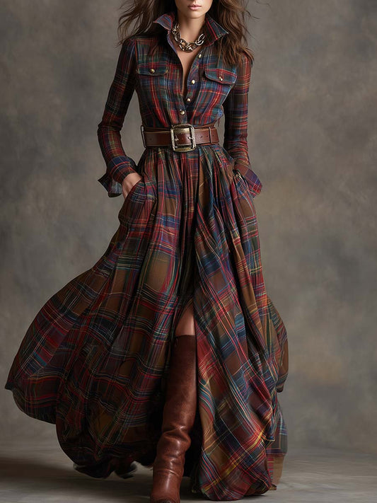 Robe Maxi Ethnique Rétro à Carreaux Rouges et Bruns
