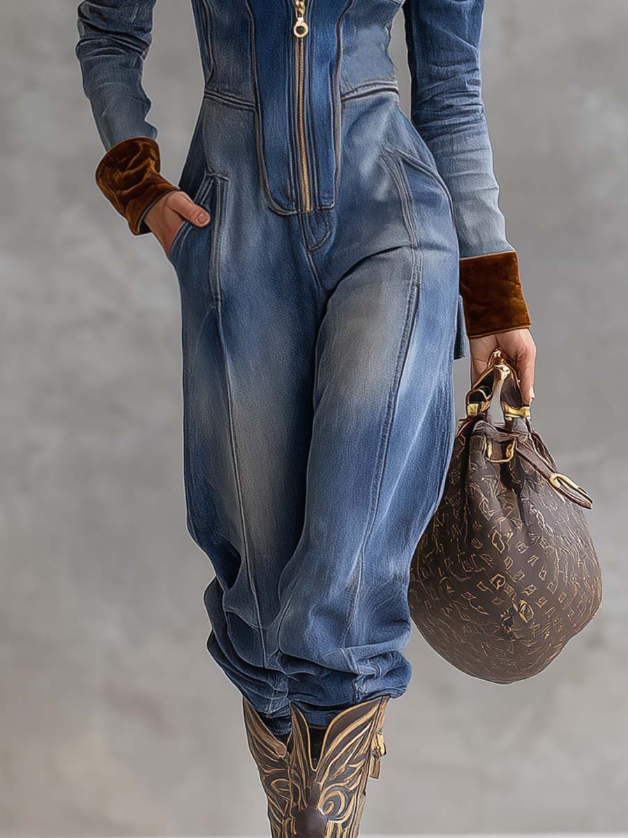 Combinaison Vintage Western à Capuche en Velours avec Broderies Denim - Style Décontracté et Élégant