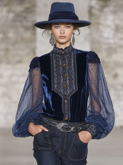 Chemise Retrouvée en Velours Bleu avec Col Montant Rétro et Manches Longues en Organza
