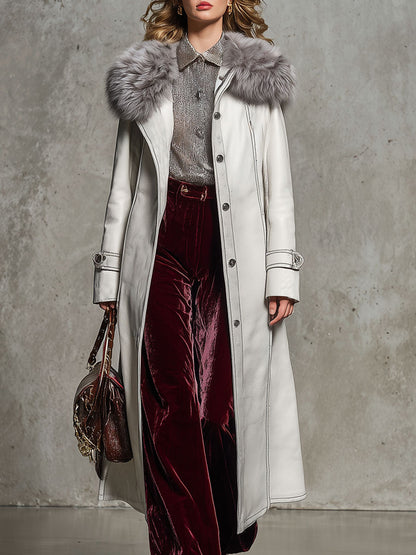 Veste Longue en Simili Cuir Blanc avec Col en Fourrure Vintage Chic