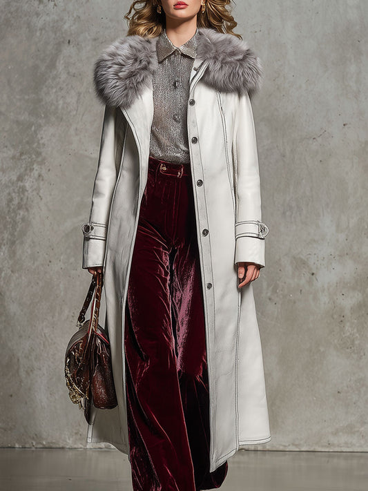 Veste Longue en Simili Cuir Blanc avec Col en Fourrure Vintage Chic