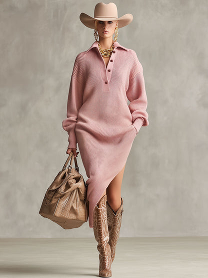 Robe Midi Tricotée avec Col Revers, Ouverture Mi-ouverte, Fente Latérale et Poches Doubles