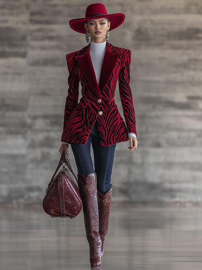Veste en Velours Rouge à Motif Zèbre - Chic Nomade Urbain Rétro