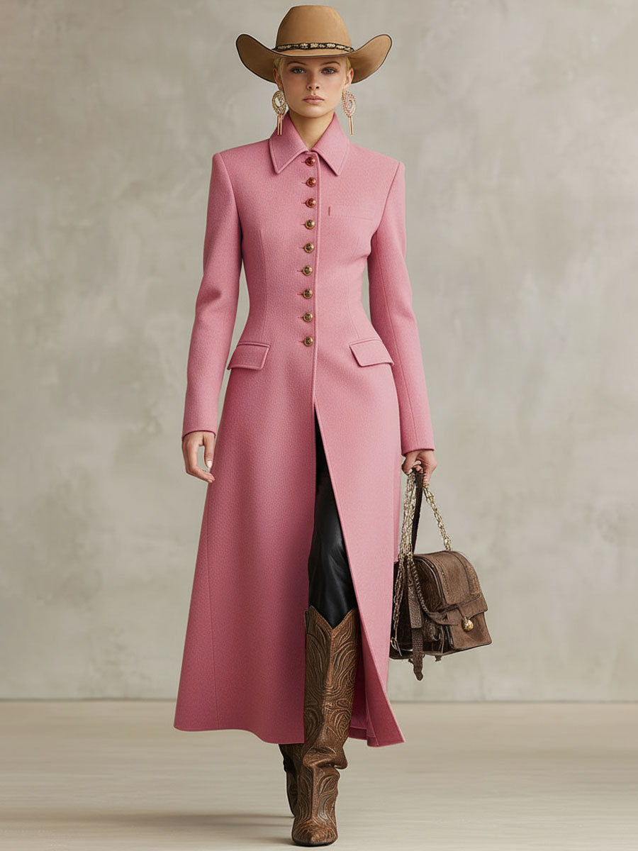 Veste en Laine à Boutonnage Unique avec Revers Rose