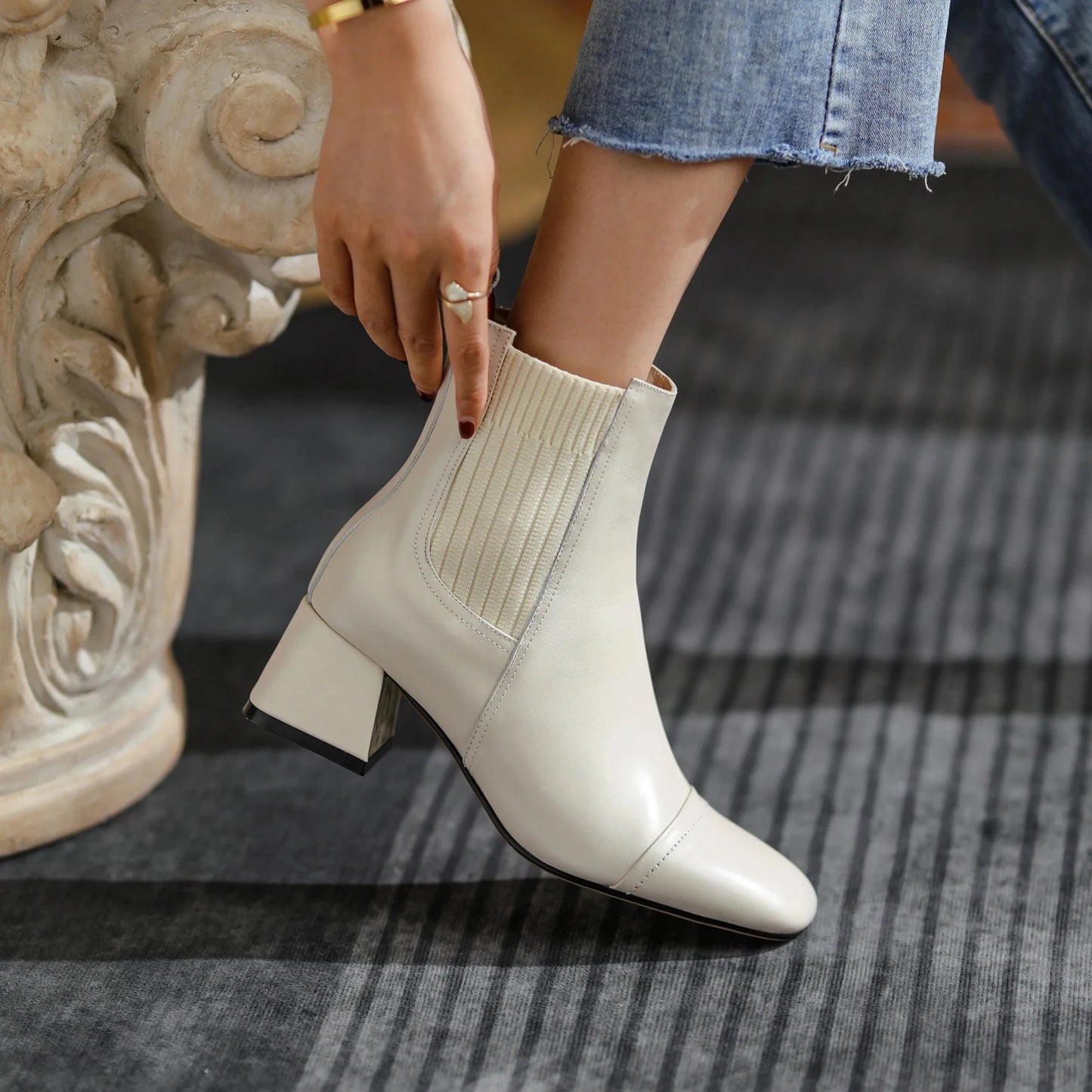 Beige Western Ankle Boots