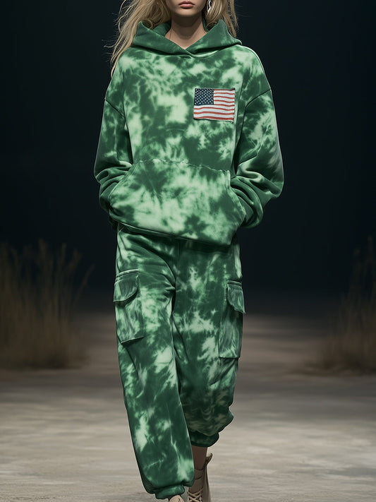 Pull à capuche personnalisé avec impression tie-dye verte et design tendance du drapeau américain